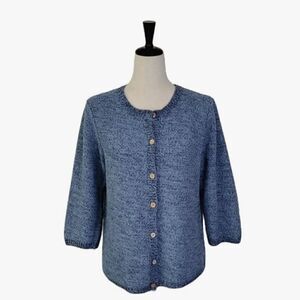 Christopher & Banks Marled Blue 3/4 Sleeve Crewneck Cardigan Sweater Size M